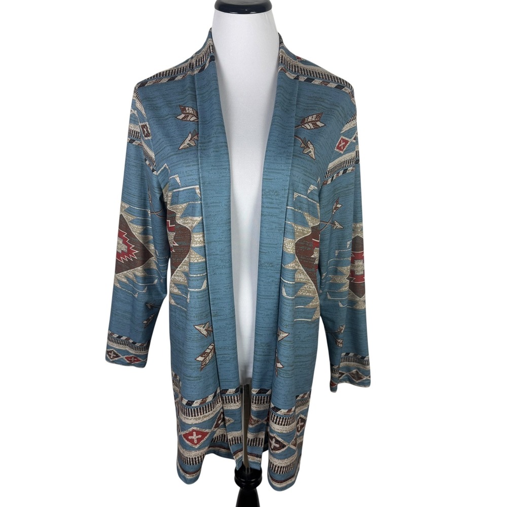 Southwestern Aztec Women's 2X Open Front Cardigan Blue Rust Geometric Arrows